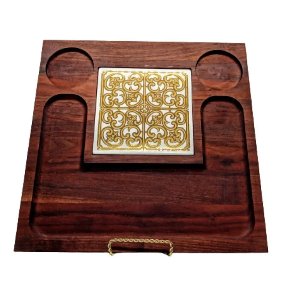 Vintage Georges Briard Square Wood Gold Scroll Tile Footed Board